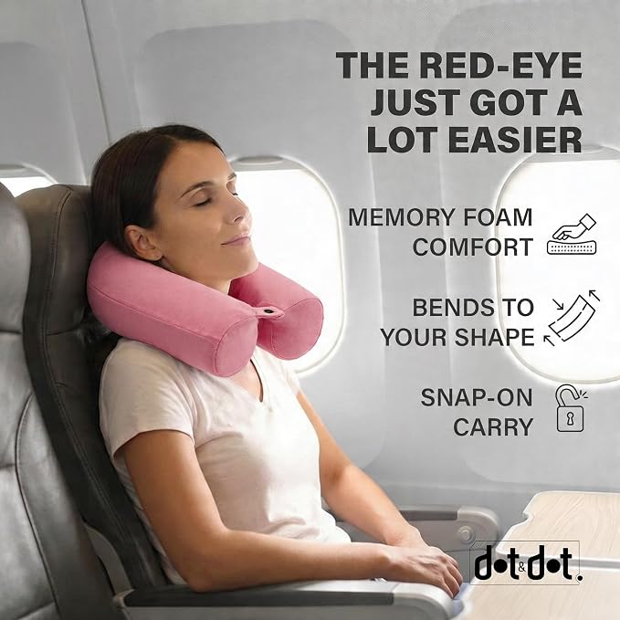 Dot&Dot Twist Memory Foam Travel Pillow, Bendable Neck Pillow for Airplane, Car and Home, 26-Inch Adjustable Roll with Washable Cotton Cover, Pink