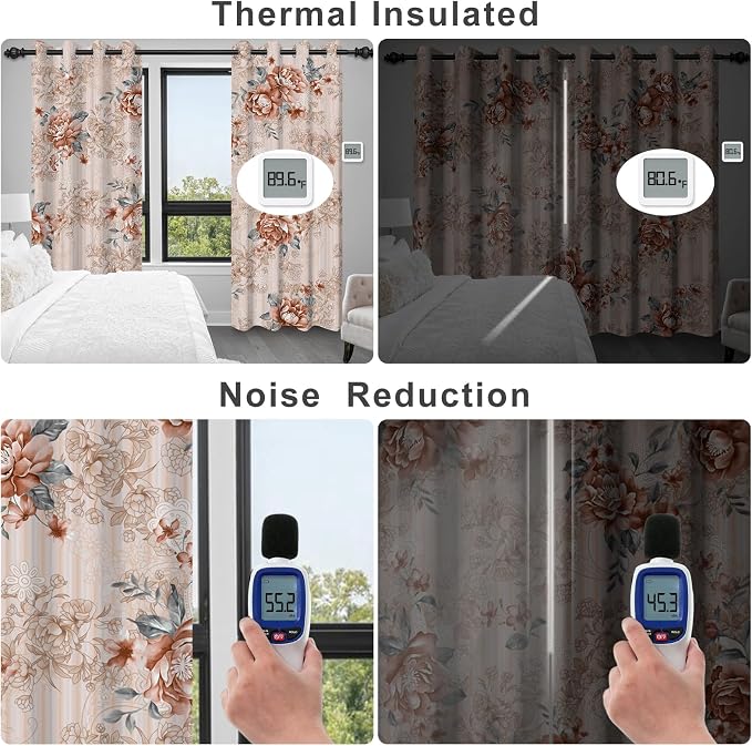 Blackout Curtains for Bedroom 84 Inch Length 2 Panel Sets, Beige Pink Vintage Floral Black Out Curtains for Living Room Darkening, Spring Summer Light Filtering Soundproof Thermal Bedroom Curtains