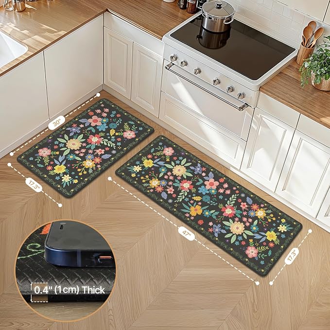GENIMO Anti Fatigue Kitchen Mats for Floor 2PCS, Cushioned Standing Mats | 17.3"x47"&17.3"x30", Black vintage floral rug set, waterproof, non slip, easy-clean for farmhouse