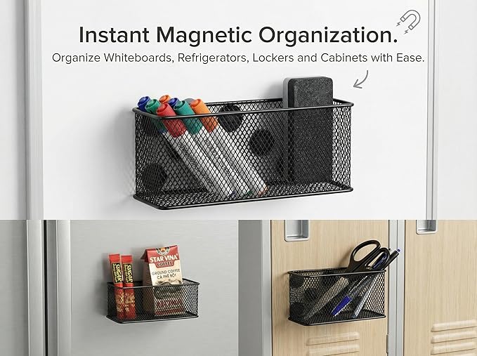 Neudeco Magnetic Locker Organizer, Wire Mesh Storage Baskets, Black | Pack of 3, Magnetic Pencil Holder, For Dry Erase Markers, Fridge, Whiteboard, School Locker