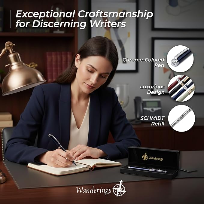 WANDERINGS Premium Ballpoint Pen with German Ink – Perfectly Balanced Executive Pen with Chrome Accents – Blue Breeze - Includes a Schmidt Refill in a Giftable Presentation Case for Men or Women