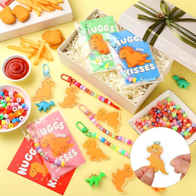 Suncalla 984 Pcs 24 Set Dinosaur Nugget Keychain Making Kit DIY Valentine's Key Chain Crafts Bead Adjustable Letter Beads Cards Strings Kit Gift Backpack Accessories Party Favors(Cute Color)