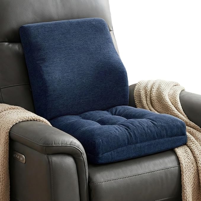baibu Memory Foam Small Recliner Cushions with Lumbar Support Pillow Set, 18x16x4 Inch Dual-Layer Design Non-Slip Recliner Seat Cushion & Back Support Pillow for Reduce Hip & Lumbar Pain, Navy Blue