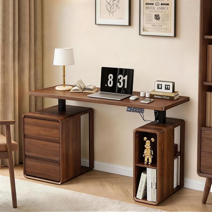 Farmhouse Electric Standing Desk, 55" Height Adjustable Computer Desk | Electric Stand up Desk with 3 Drawers & Storage Shelf, Mid Century Home Office Desk Wood Sit Stand Desk for Work Study,Walnut