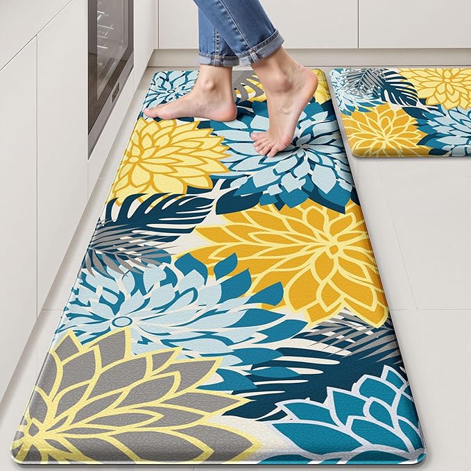 Arenarug Kitchen Mats for Floor 2PCS Cushioned Anti Fatigue Kitchen Mats Waterproof Non Slip Kitchen Rug Set Comfort Foam Standing Mat for Sink, Laundry, Office,17.3" x 28" + 17.3" x 47", Yellow Teal