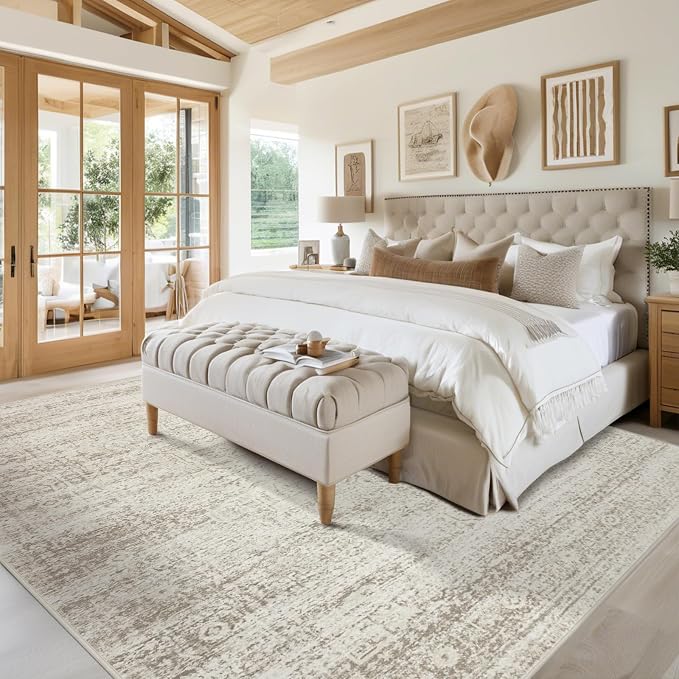 Srugn Washable Area Rug for Living, Bedroom & Dining Room, Ultra Soft Faux Wool Retro Large Carpet, Non-Slip/Shedding Low Pile Vintage Print for Home Office Decor, Beige Ivory Cream Brown Camel, 5x7