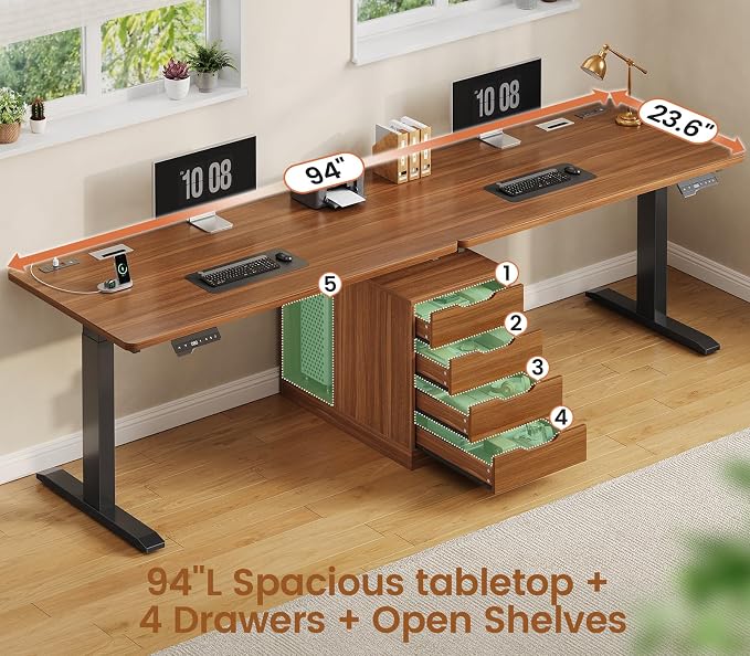 SEDETA Standing Two Person Desk, 94'' Long Computer Desk with 4 Drawers, 2 Power Outlets, CPU Stand, Electric Height Adjustable 2 Person Desk with Cable Management for Home Office, Brown