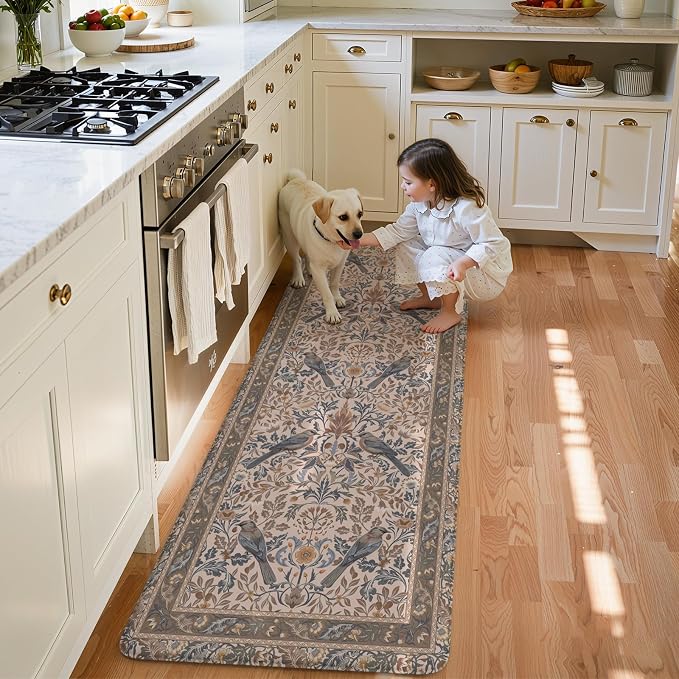 KIMODE Kitchen Mats for Floor Anti Fatigue,Cushioned Runner Rug | 23.6"x71",Khaki Beige,Floral Bird Boho Runner Rug Non Slip ,Wide Long Padded Kitchen Floor Mat for Laundry Sink Office Home