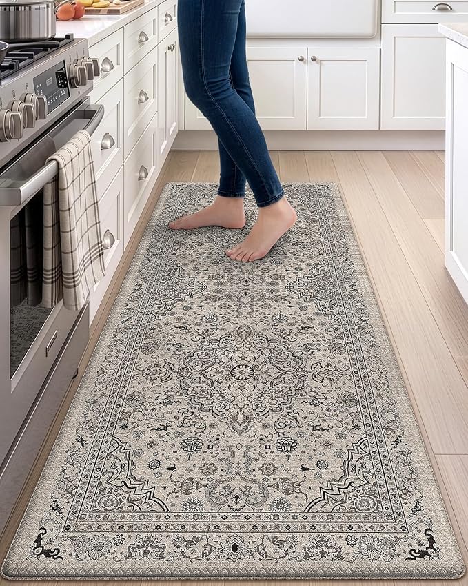 DEXI Kitchen Mats for Floor Cushioned, 23x59 Wide Runner Rug Non Slip, Waterproof Soft Comfort Standing Padded Anti Fatigue Decorative, Brown and Grey