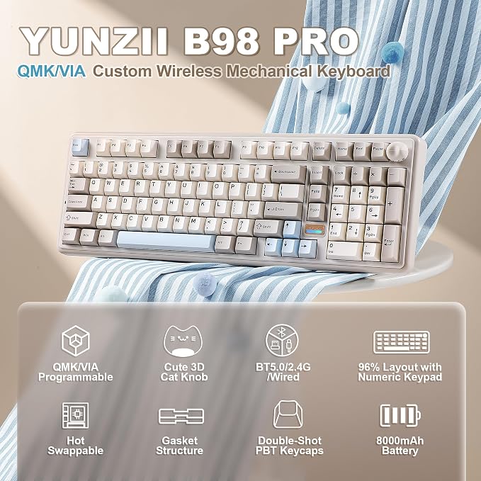 YUNZII B98 PRO QMK/VIA Wireless Mechanical Gaming Keyboard,96% Layout with Numpad and Cute Cat Knob, BT/2.4G/USB-C,Linear Switch Hot Swap Gasket,RGB for Win/Mac (Beige, Milk V2 Linear Switch)