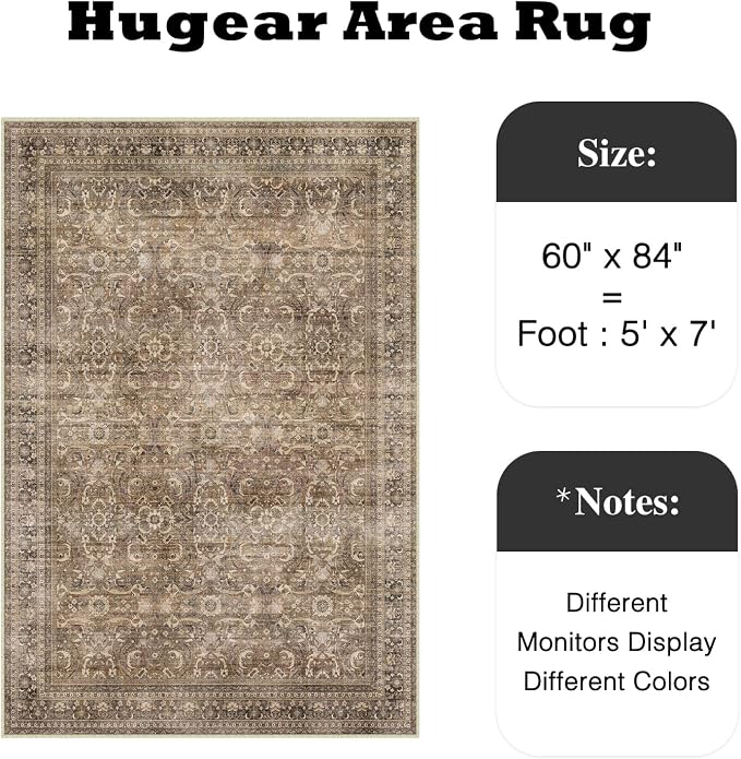 HUGEAR Area Rug 5x7 Vintage Brown Machine Washable Living Room Rugs Distressed Retro Floral Vacuumable Low Pile Carpet Bedroom Office Dining Room Laundry Room Non Slip Soft Lightweight