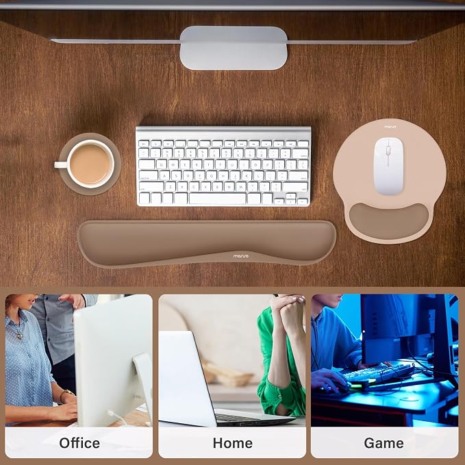 MOSISO Wrist Rest Support for Mouse Pad&Keyboard Set, Streamline Ergonomic Mousepad&Coaster Non-Slip Base Home/Office Pain Relief&Easy Typing Pad with Soft Cloth&Silicone Lining, Mocha