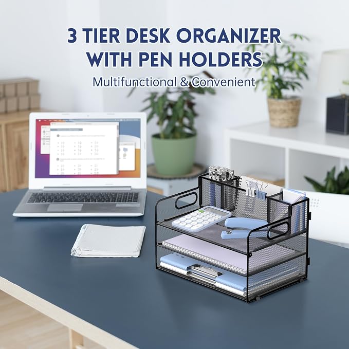 3-Tier Desk Organizer with Pen Holder and Handles, Paper Organizer, Black | Desk Organizer and Paper Organizer for Desk with Pen Holder, Paper Trays and Handles for Files, Mail and Office Supplies