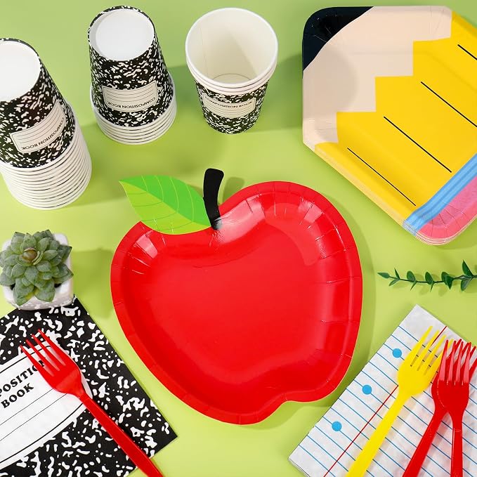 Whaline 120 Pcs Back to School Party Supplies Kit Apple Pencil Notebook Composition Tableware Set Disposable Dinnerware Paper Napkin Plate Cup Fork for 24 Guest First Day of School