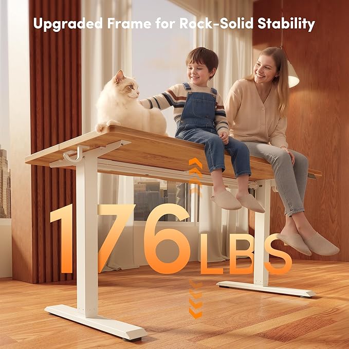 FEZIBO Standing Desk, 63×28 Inches Electric Height Adjustable, Sit Stand Up, Computer Office Desk with Splice Board, White Frame/Light Rustic TOP