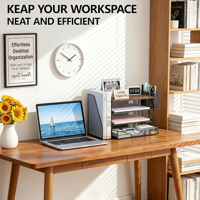 OPNICE Wood Desk Organizers and Accessories, 4-Tier Desktop Paper Letter Tray Organizer with Drawer and Pen Holders, Office Desk Accessories & Workspace Organizers for Home Office Supplies, Brown Wood