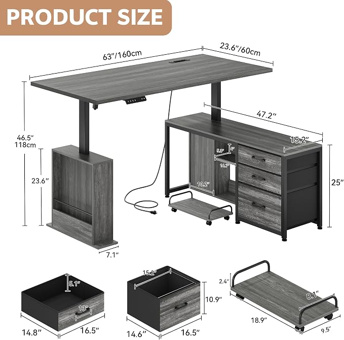 63 Inch L Shaped Desk with 3 Drawers Electric Standing Desks with Storage Computer Table Adjustable Height with Power Outlets 4 Memory Presets for Home Office, Grey