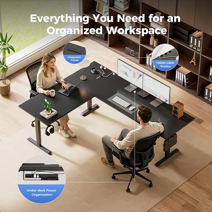 Agilestic Electric L Shaped Standing Desk 75 x 61 Inch with Power Outlet, Height Adjustable Corner Stand up Desk with Cable Management,Sit Stand Home Office Workstation with Splice Board, Black