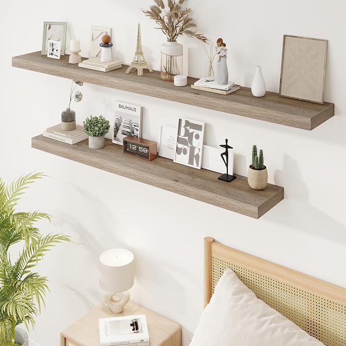 Marsmiles 55in Floating Shelves for Wall, 72" W x 9.25" D x 1.5" H, Long Wall Mounted Engineered Wood Shelves with Invisible Brackets for Living Room, Bedroom, Bathroom, Kitchen, Grey, 2Pcs