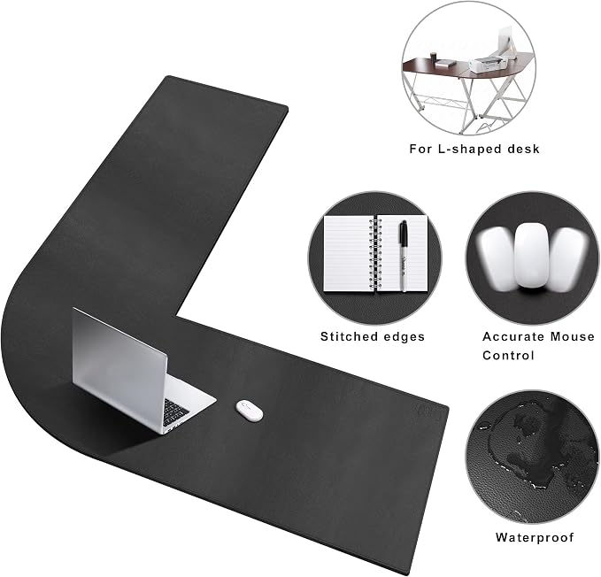 Cacoy 54" x 59" L-Shaped Desk Pad, PU Leather Corner Desk Mat, L Shape Gaming Computer Mouse Pad, Waterproof Office Writing Mat, Corner Mouse Mat for L Shape Computer Desk, Black