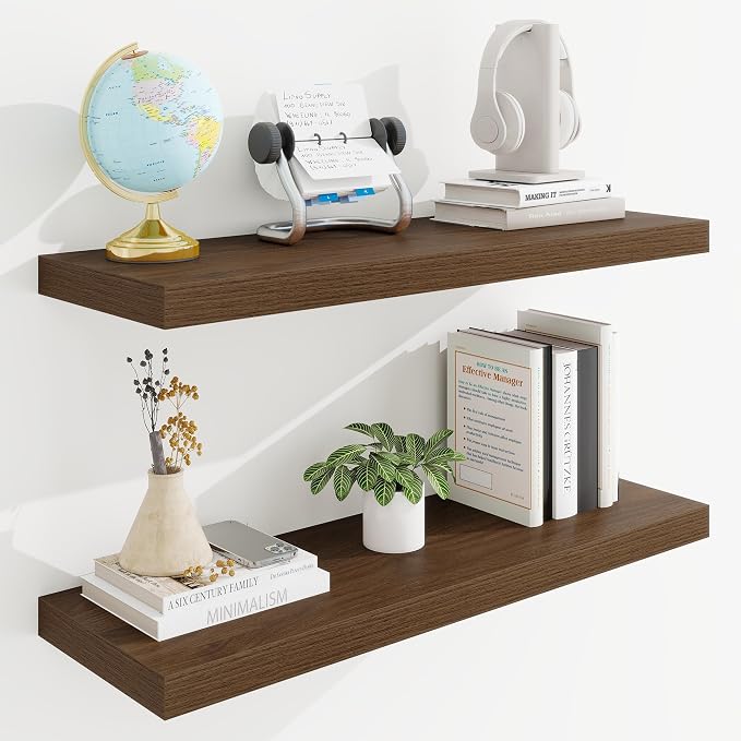 30in Floating Shelves for Wall, 30"W x 9.25"D x 1.25"H, 2 Pack Long Wall Mounted Engineered Wood Shelves with Invisible Brackets for Living Room, Bedroom, Bathroom, Kitchen Decor and Storage, Walnut