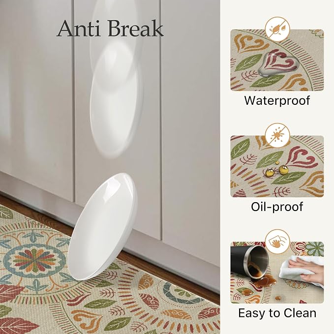 GENIMO Anti Fatigue Kitchen Mats for Floor 2PCS, Cushioned Standing Mats | 17.3"x47"&17.3"x30", Beige Red vintage floral rug set, waterproof, non slip, easy-clean for farmhouse