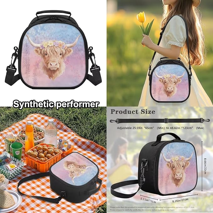 WELLFLYHOM Highland Cow Kids Backpack Set with Lunch Box Girls 8-12 Cherry Blossom School Bookbag Lunch Bag Pencil Pen Case Water Bottle Carrier Back to School Gift