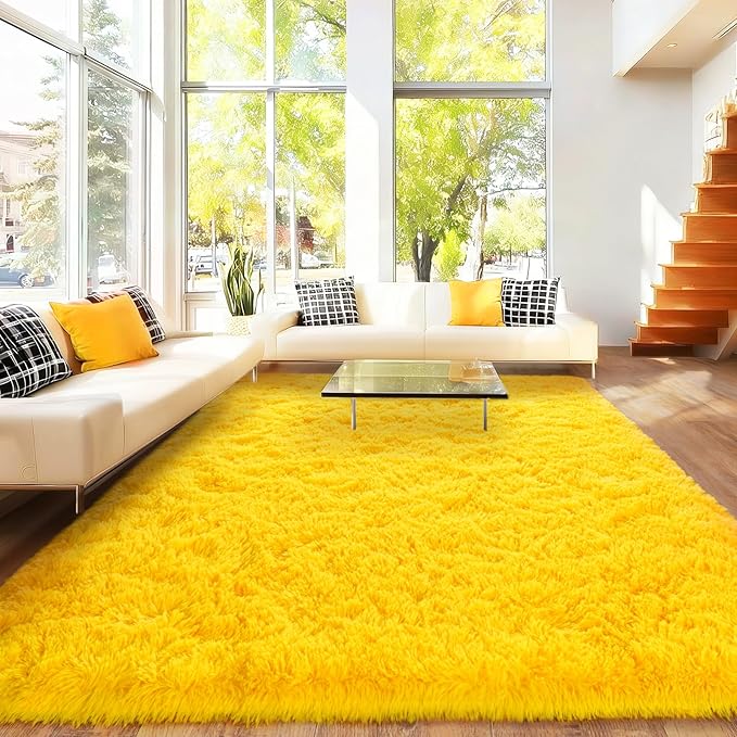 Area Rugs for Living Room Bedroom 9x12, Ultra Fluffy Shag Rug Modern Washable Carpet Soft Shaggy Non Slip Indoor Plush Fuzzy Rugs for Bedroom Dorm Office Home Aesthetic Decor, Yellow