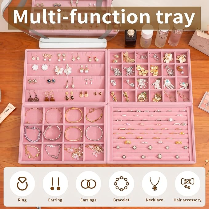 Jewelry Trays for Drawer,Set of 4 Jewelry Organizer and Storage | Velvet Material,Stackable,Adjustable Dividers,Drawer Inserts for Rings Studs Bracelet,Earring Organizer for Women Girls