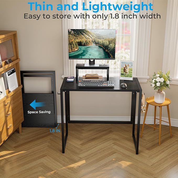 GreenForest Folding Desk with Monitor Stand, 31.5 Inch Foldable Computer Desk with Hook and Storage, Sturdy Small Space-Saving Writing Work Table for Home Office Dorm, Black