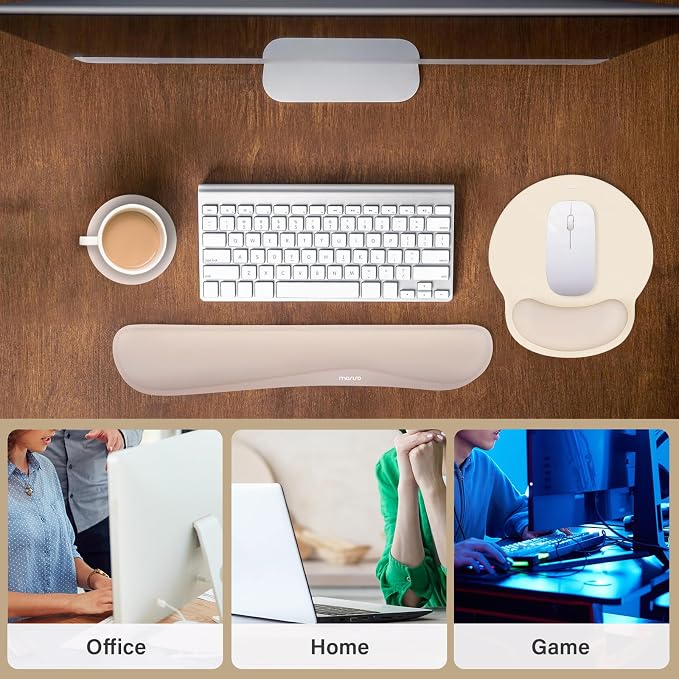 MOSISO Wrist Rest Support for Mouse Pad&Keyboard Set, Streamline Ergonomic Mousepad&Coaster Non-Slip Base Home/Office Pain Relief&Easy Typing Pad with Soft Cloth&Silicone Lining, Apricot
