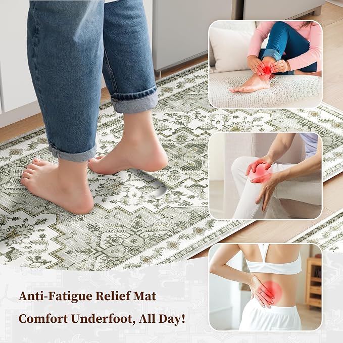 Boho Kitchen Mats for Floor 2 Piece Set Anti Fatigue Cushioned PVC Kitchen Rugs Non Slip Waterproof Farmhouse Mats 2/5 Inch Comfort Standing Mat for Laundry, 17.3"x59"+17.3"x28", Grey