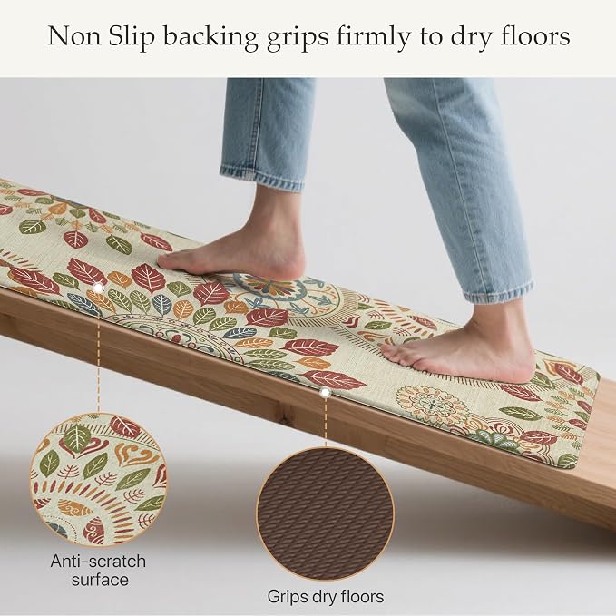 GENIMO Anti Fatigue Kitchen Mats for Floor 2PCS, Cushioned Standing Mats | 17.3"x47"&17.3"x30", Beige Red vintage floral rug set, waterproof, non slip, easy-clean for farmhouse