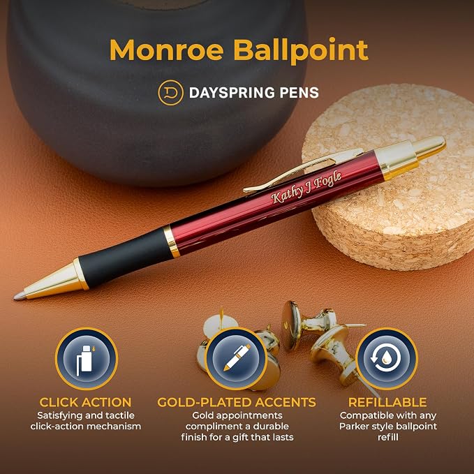 Dayspring Pens Monroe Red Ballpoint Pen, Ruby Red with 18k Gold Trim, Engraved, Click Action, All Metal, Medium Point Black Ink, Gift for Graduation, Birthdays, Career Advancement, Gift Box Included