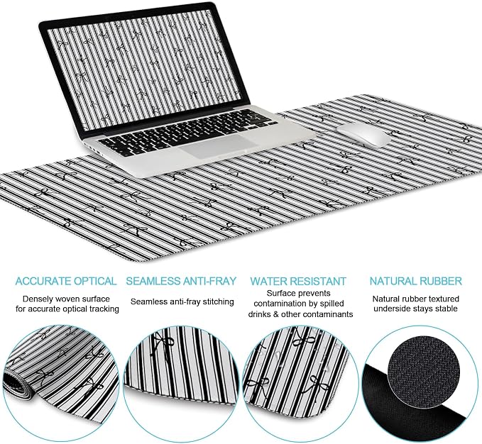 LIMKRIAN Black Striped Ergonomic Large Desk Mat Set with Wrist Rest | Non-Slip PU Base, Stitched Edges, Gel Wrist & Keyboard Rest Ease Pain, Ideal For Office/Gaming, Cute Home Office Decor