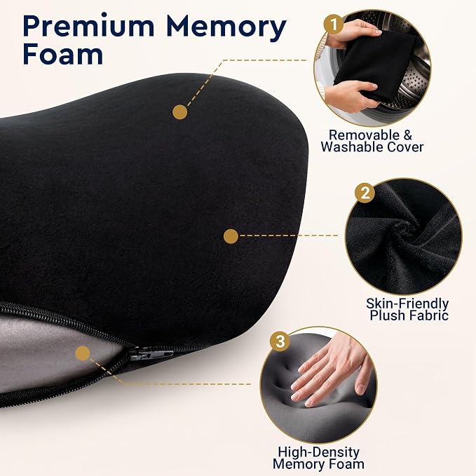 Lumbar Support Pillow for Office Chair - Ergonomic Lower Back Support Pillow with Adjustable Strap, C-Curve Back Cushion with T-Support Core for Car Seat, Gaming Chair, Desk Chair, Black