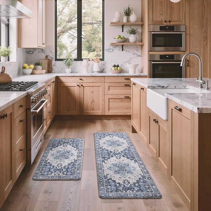 GENIMO Anti Fatigue Kitchen Mats for Floor 2PCS, Cushioned Standing Mats | 17.3"x47"&17.3"x30", Navy Blue vintage boho rug set, waterproof, non-slip, easy-clean for home laundry sink farmhouse