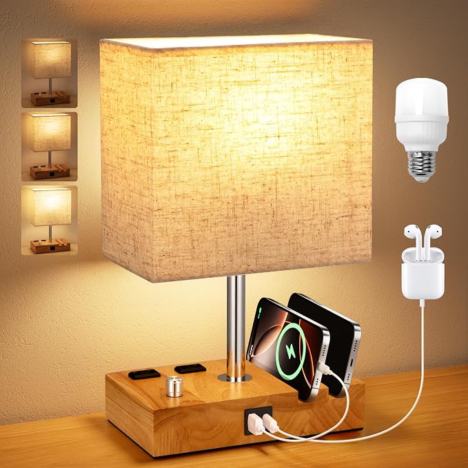 Kakanuo Fully Dimmable Nightstand Lamp for Bedroom with USB C Ports, Small Bedside Table Lamp with Charging Outlets and Phone Stands, Wooden Desk Lamp for Living Room, LED Bulb Included