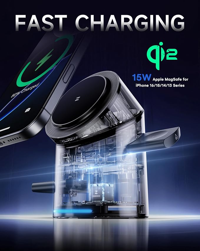 ZEEHOO 3 in 1 Charging Station for Apple Devices, Mag-Safe Charger Stand, Qi2 15W Auto-Rotating Wireless Charger for iPhone 17 16/15/14/13/12 Series& AirPods& iWatch(Black)