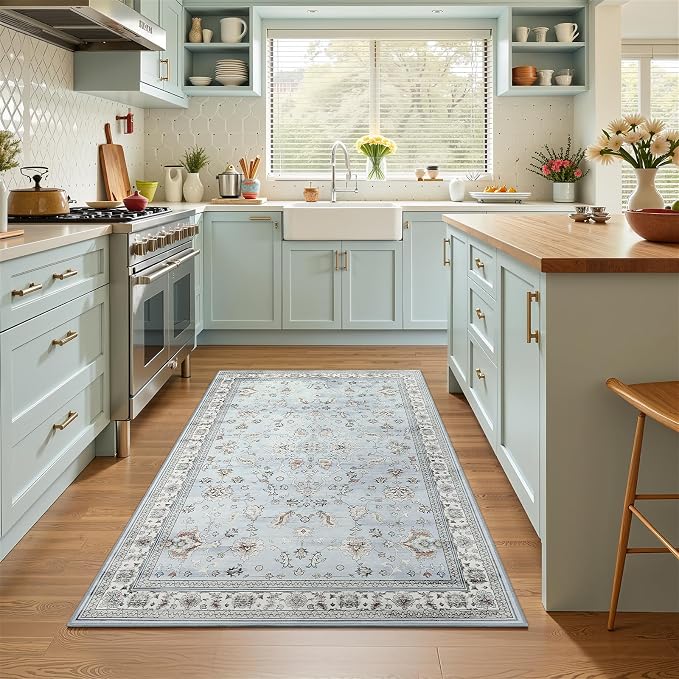 Light Blue Washable Boho Area Rug for Bedroom, 3x5 Vintage Floral Non Slip Living Room Rugs, Wool Low Pile Indoor Mat, Aesthetic Pattern Carpet for Kids Room, Kitchen and Bedside