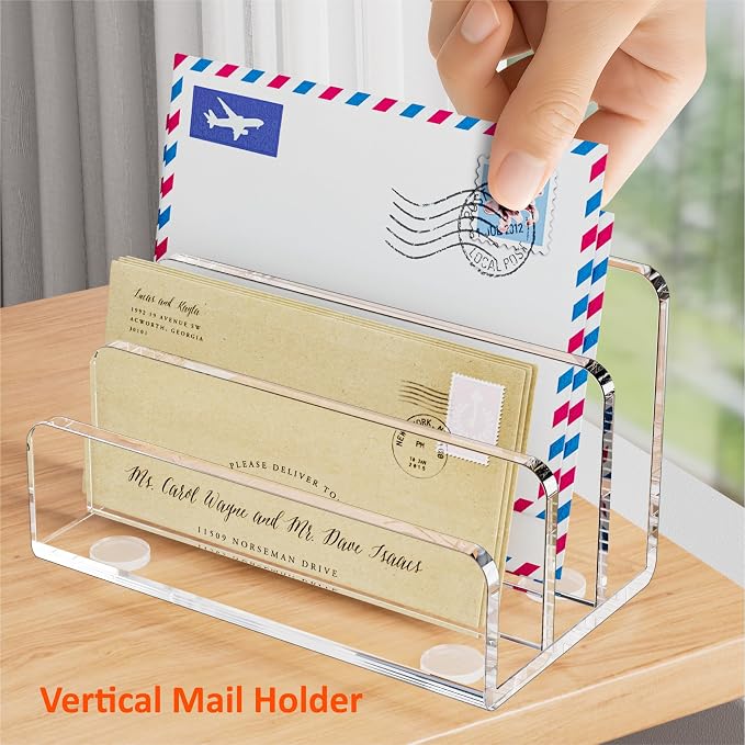 FUCDTEFC Mail Organizer Countertop, 3 Section Clear Acrylic Small File Holders Letter Organizer for Desk, Modern Filing Accessories for Document, Office, Home, School | Vertical, Envelope, Lightweight, Countertop, Bill Holding, Sorter, Letter Invoice, ...