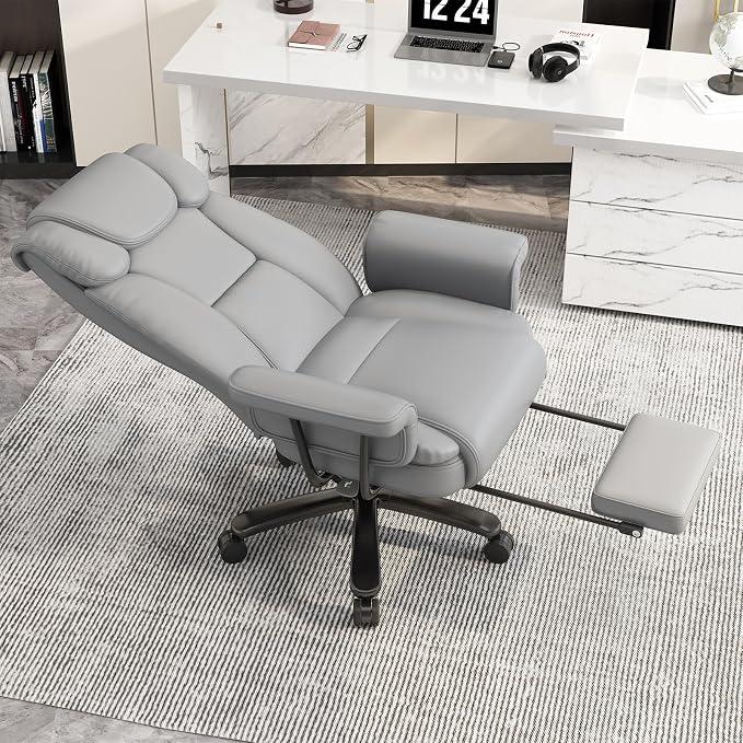 GYI 160 Reclining Office Chair with Footrest, Big & Tall Desk Chair, Grey | Cross Legged Seat, High Back, Faux Leather, Heavy Duty Base, Adjustable Height, for Home, Executive
