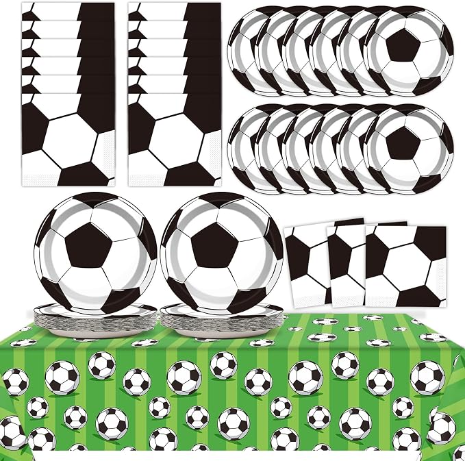Qyeahkj Soccer Birthday Party Decoration Plates Napkins Tablecloth Supplies -Serves 24 Guests Disposable Tableware Dinnerware Favors for Boys Girls Soccer Sports Theme Baby Shower Birthday Party