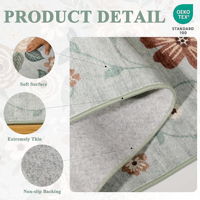 DUKINO 8x10 Area Rug, Floral Rugs for Living Room, Lightweight Non Slip Washable Rug, Indoor Low Pile & Non-Shedding Boho Design Rugs for Bedroom, Living Room, Dining Room, Sage Green