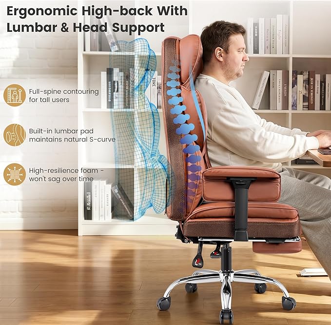 Big & Tall Executive Office Chair, 400 LBS Computer Desk Chair | 23.6" Extra-Wide Seat with Footrest, Ergonomic High Back with Lumbar Support, 165° Recline, 3.2" Adjustable Armrests, Brown
