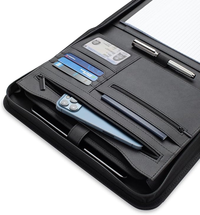 Forevermore Portfolios Padfolio Binder - Professional Faux Leather Travel Organizer Pouch for Tablet, Documents, Presentation Folders, Zipper Closure, Notepad - Black