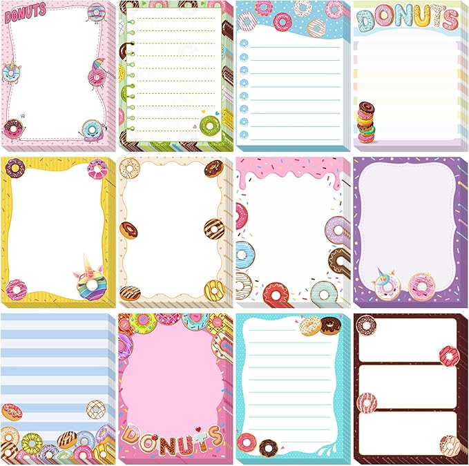 12 Pieces Cute Sticky Notes Gifts Donuts Sticky Notes Donut Party Favors 3x4 Inch Fun Kawaii Adhesive Notepads Cartoon Memo to Do List for Birthday Return Gifts Reward Office Home Supplies