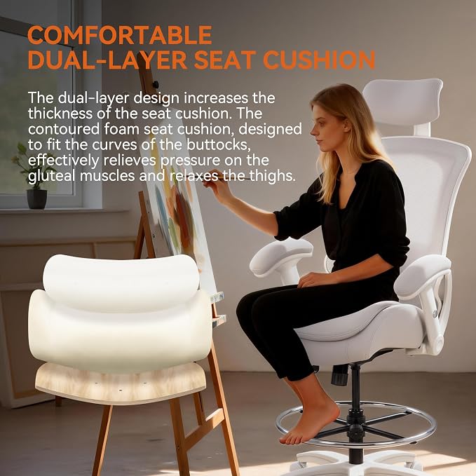 BOLISS Ergonomic Drafting Chair High Back for Standing Desk-Grey | Tall Office Chair Double-Layer Seat Cushion, Adjustable Headrest & Lumbar Support, Flip-Up & Height Adjustable Arms