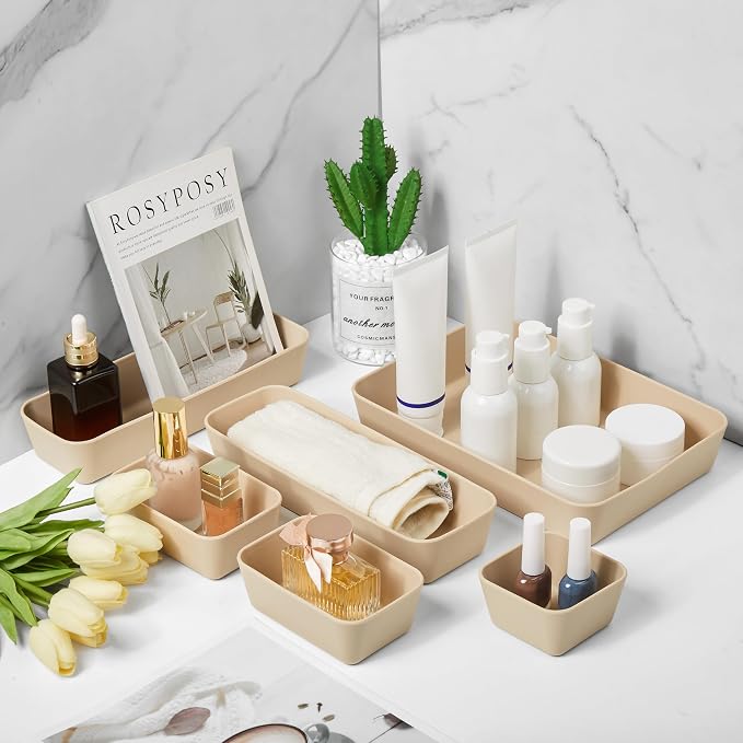 ISSEVE 8Pcs Silicone Bathroom Drawer Organizer Trays Set, 4 Sizes, Beige | Nesting Organizer Trays, For Vanity, Desk, Nightstand, Makeup, Jewelry, Toiletries, and Office Small Items, Drawer Organizer