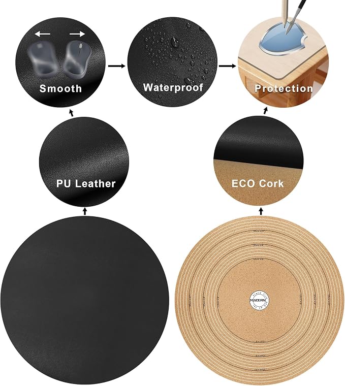 MAIDERN 12 Inch Round Cork & Leather Placemats, Cuttable Size (6-12 Inch), Trimmable Dining Table Mat, Heat Resistant/Non-Slip Table Cover for Kitchen, Office, or Restauran (Black)